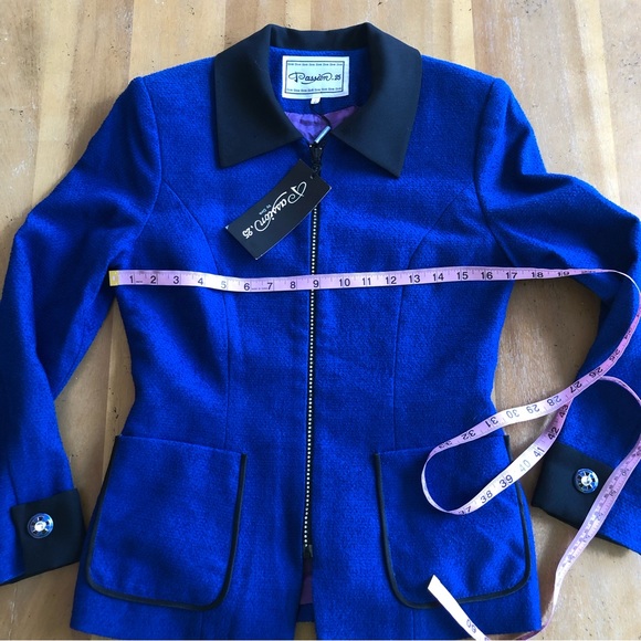 Vintage Bright Blue Blazer Jacket Unique Sparkly Zipper Gemstone Polyester Asian - Picture 10 of 11